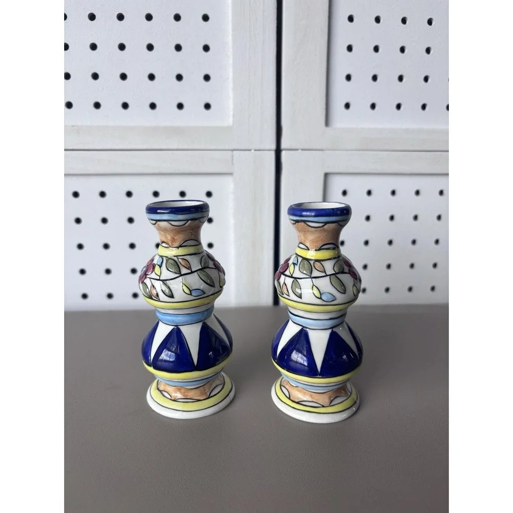 Set/2 Aviv Judaica Shabbat Candlesticks Hand Painted‎ Ceremic 4.5